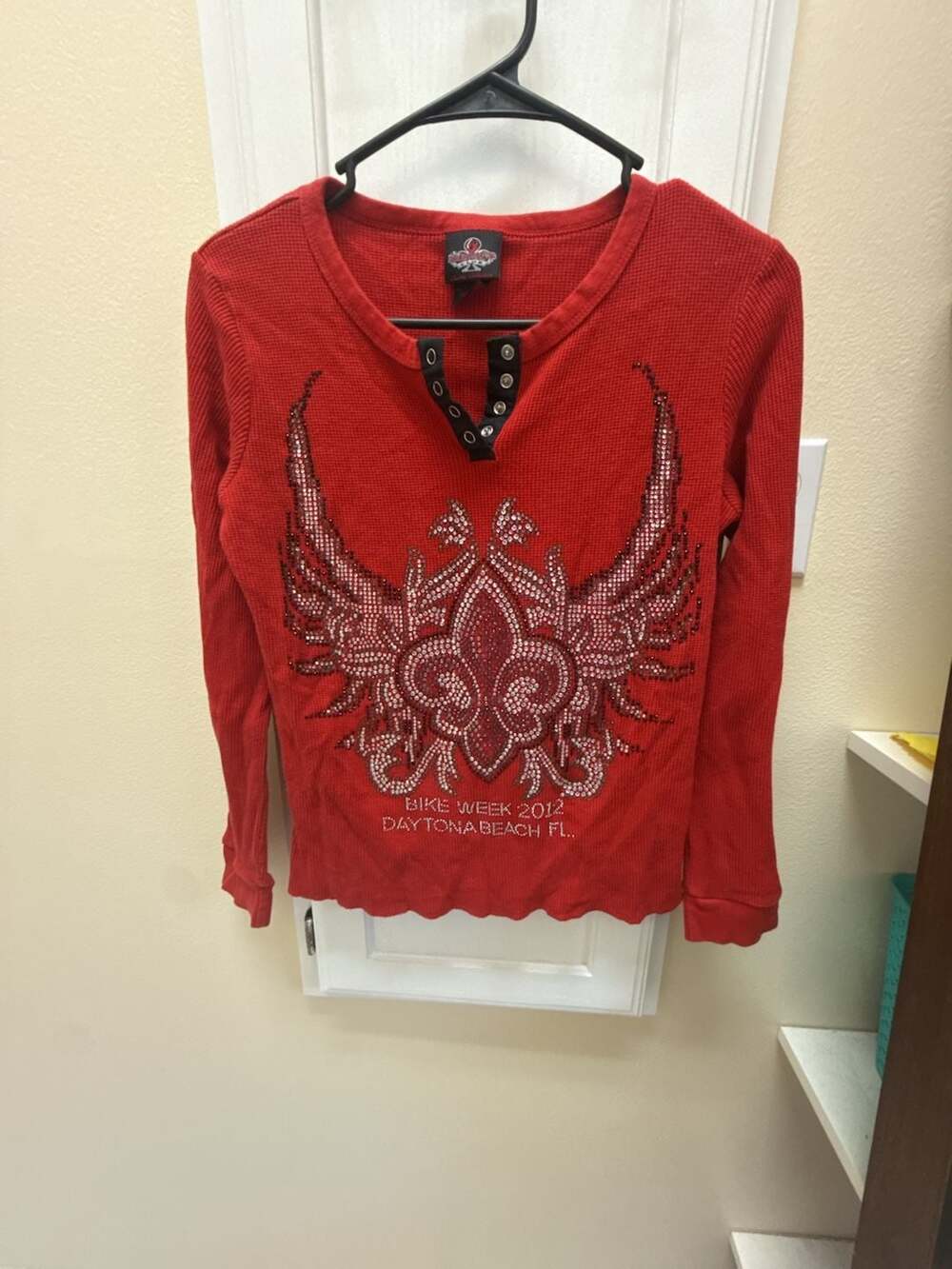Biker's Club Daytona Bike Week 2012 Red Rhinestone Long Sleeve Thermal Henley